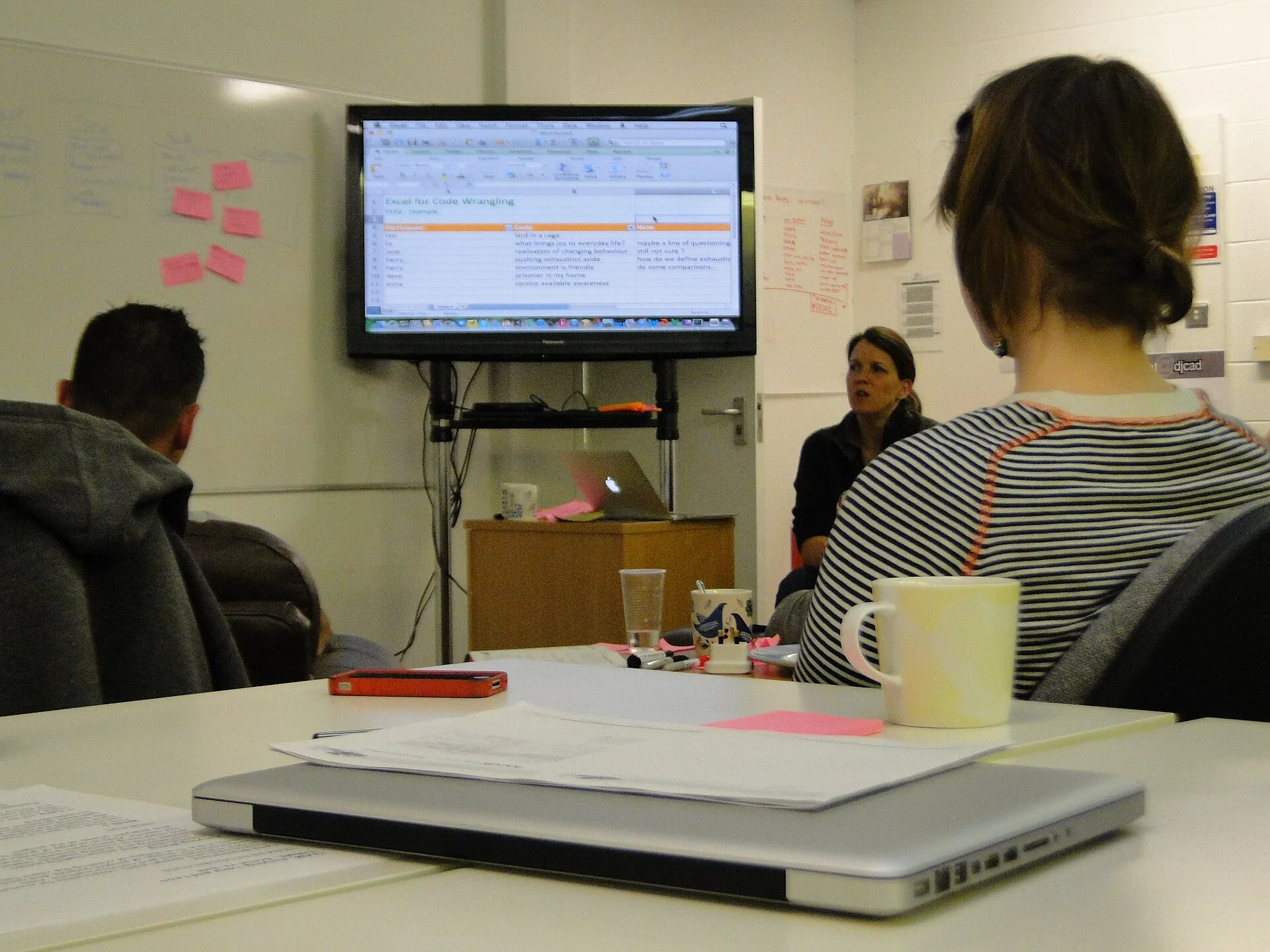 Students in front of large screen. In the foreground a closed laptop. Most likely qualitative data analysis in a spreadsheet, but it could also be any other kind of debriefing.