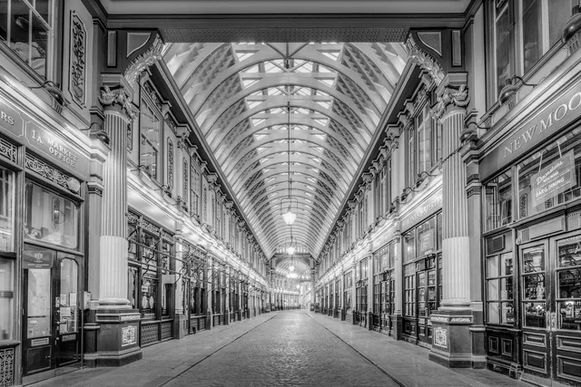 leadenhall market, historic, architecture, english, london, black and white, british, market, ceiling, interior, floor, lamp, shop, column, trading, tourist attraction, victorian, iron structure, business, covered market. Shopping feeds tool implementation explained for multichannel shops
