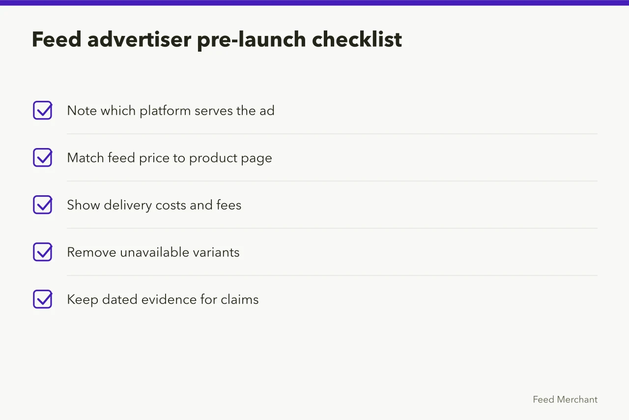 Checklist of pre-launch tasks for shopping feed advertisers (What the shopping feeds advertising rules mean for smaller retailers)